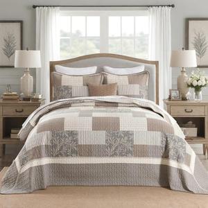 Bedduvit 100% Cotton 120"x120" Oversized California King Bedspread - Farmhouse Patchwork Plaid Oversized Bedspreads, 3 Pieces Vintage Floral Quilts, All Season Cal King Bedding Decor, Brown/Beige/Gray