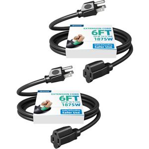 DEWENWILS Extension Cord 6ft, 14/3 SJTW Weatherproof Power Cable for Indoor Use, 3 Prong Heavy Duty Power Cord, Black, ETL Listed, 2 Pack