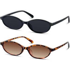 KUGUAOK Retro Oval Sunglasses for Women 90s Design Small Cat Eye Sun Glasses UV Protection Y2k Trendy Narrow Shades (One Size, Black+leopard)