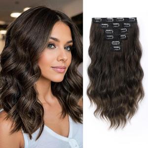 KooKaStyle Short Hair Extensions 6PCS 14 Inch Wavy Curly Hairpieces Synthetic Soft Lace Weft Clip in Hair Extensions-Dark Walnut Brown for Women