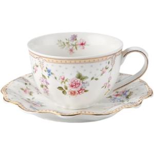 6 oz Vintage flower Ceramic cup and 6" saucer set with Brand customized stainless steel spoon Gifts for Afternoon Tea Coffee Hour(C)