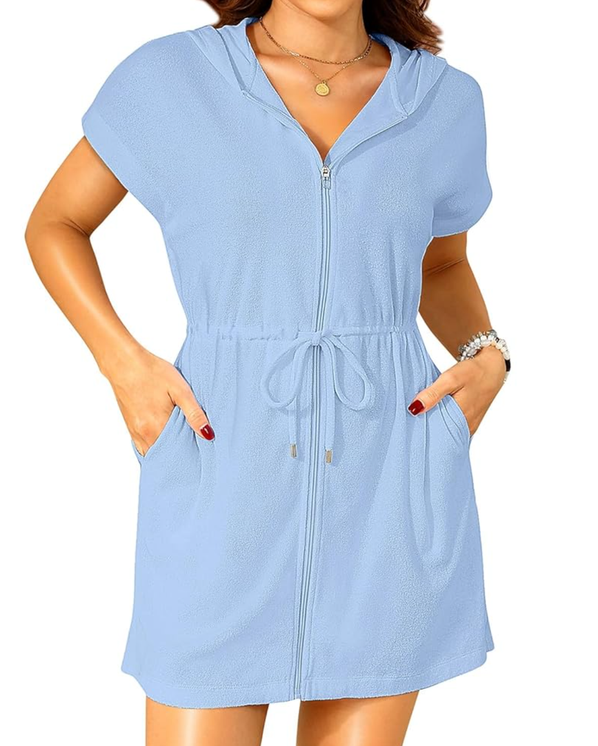 Terry Cloth Cover Ups - Hooded Cotton Swim Sun Cover-up with Zipper Pockets Beach Swimsuits Small