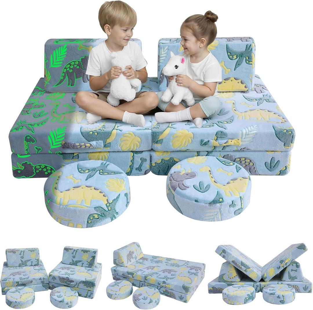 MeMoreCool Modular Glow Sofa for Kids  8-Piece Convertible Foam Couch Set, Glowing Dinosaur Design | Soft Playroom Furniture for Toddlers | Washable Cover
