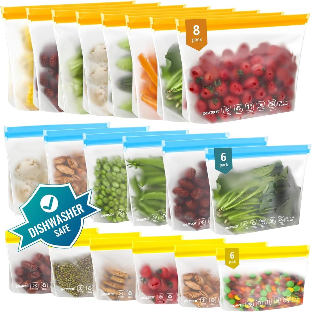 IDEATECH 20Pack Reusable Bags Dishwasher Safe, Leakproof Reusable Freezer Bags, BPA Free Healthy Food Storage Contaizers Sandwich Snack Baggies for Lunch Travel(8 Gallon 6 Quart 6 Snack,Colored) (Multicolor)