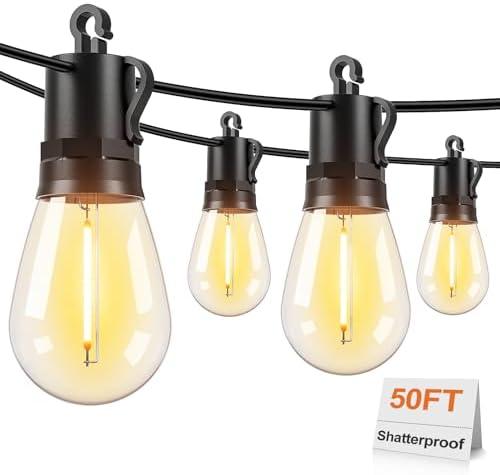 Brightever 50FT LED String Lights, Outdoor Lights for Patio with 16 Shatterproof S14 Edison Bulbs, Commercial Grade Waterproof Rope Light for Outside, Cafe, Bistro, Porch, Garden, 2700K Warm White