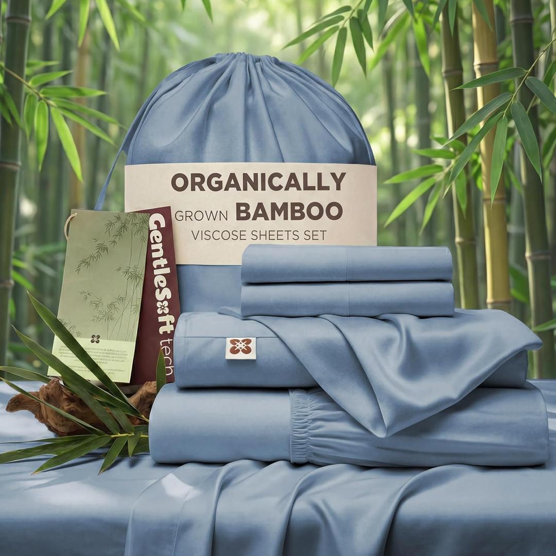 Bedsure 100% Organically Grown Bamboo Viscose Sheets - 18 Inches Deep Pocket Sheets with Elastic Corner, Queen Sheet Set, Ultra-Soft, Silky & Cooling Bedsheets, Oeko-Tex, 4 Pieces, Mineral Blue