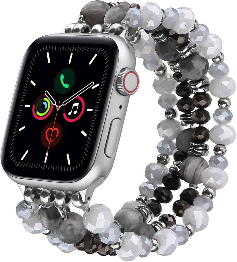VISOOM Beaded Boho Bracelet Compatible for Apple Watch Band 40mm/38mm/41mm Series 9 8 7 SE Women Fashion Cute Handmade Crystal Beads Stretchy Watch Strap for iWatch Bands Series 6/5/4/3/2/1 (Black)