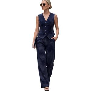 Women's 2 Piece Outfits Linen Vest Waistcoat Dressy Casual Sets Wide Leg Pants Suits (Blue, S)