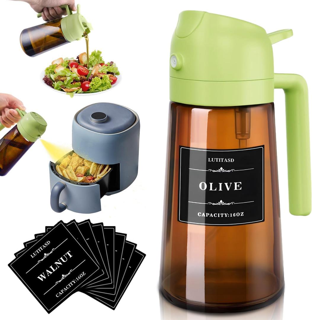 Olive Oil Sprayer for Cooking 2 in 1 - Oil Dispenser with Spray and Pour, 16oz/470ml Brown Oil Spray Bottle for Kitchen, Air Fryer, Salad, BBQ (Green)