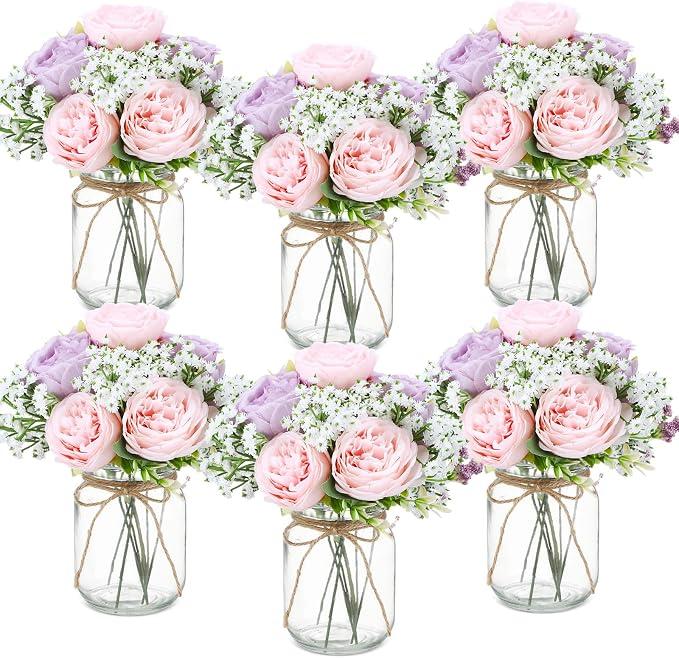Zeyune 6 Sets Mason Jar Flowers Centerpiece Table Decorations,Purple,Pink
