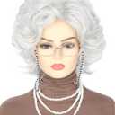 Topcosplay 5pcs Set White Old Lady Wig and Accessories Short Curly Granny Costume Wig Grandma wig Halloween Party Wigs