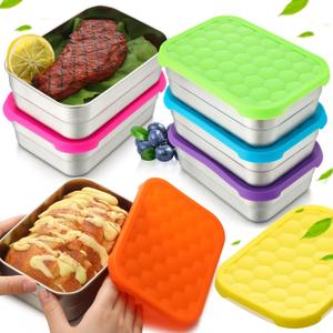 Layhit 6 Pcs Stainless Steel Containers for Kids, 25 oz Lunch Containers with Leak Silicone Lids Reusable Metal Food Snack Box for Child Daycare School Home Storage Supplies