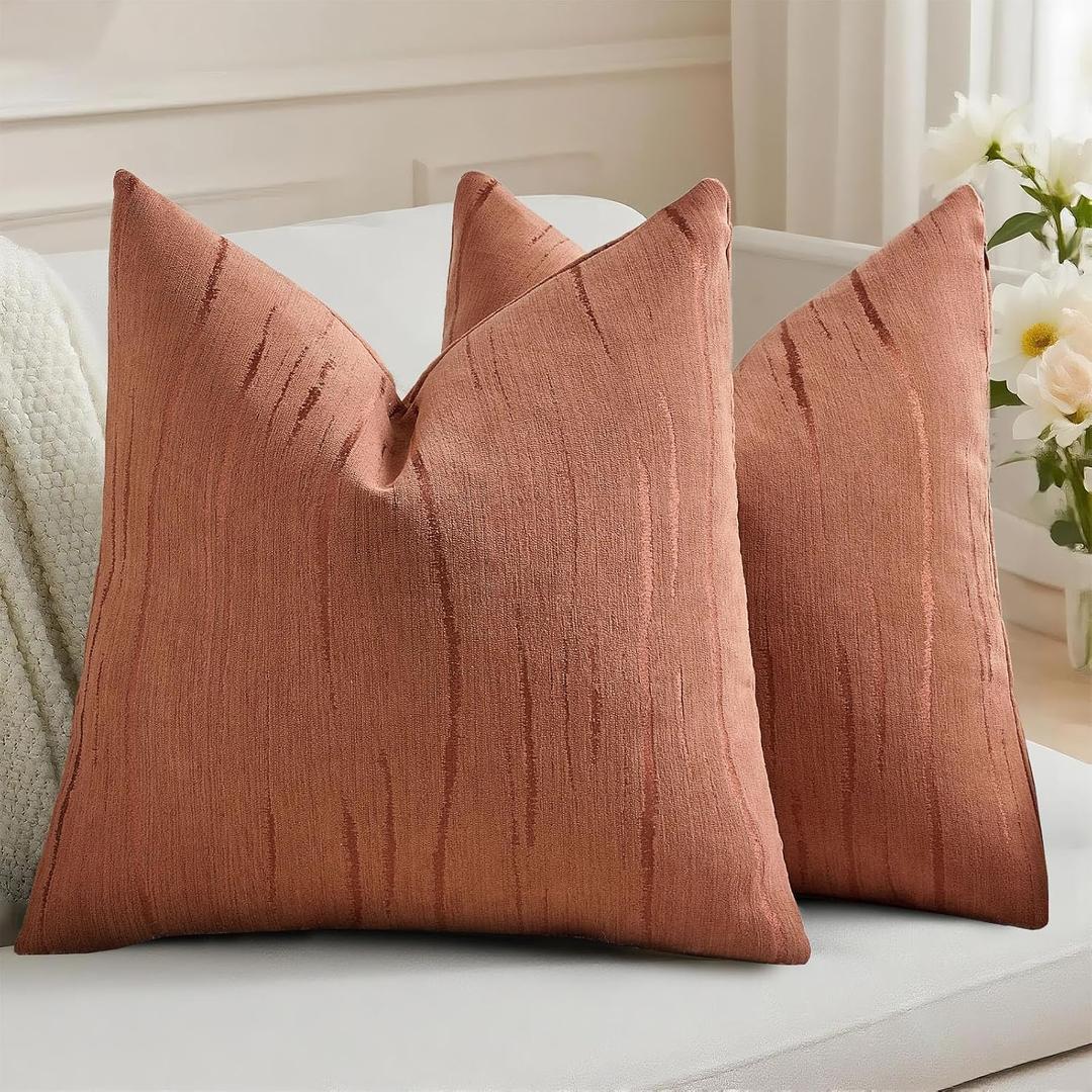 HAUSSY Pack of 2 Chenille Embossed Throw Pillow Covers 26x26 Inch, Rust | Cozy Chenille Neutral Decorative Striped Pillowcases, Machine Washable,Couch Bed Sofa Living Room Home Decor, No Insert