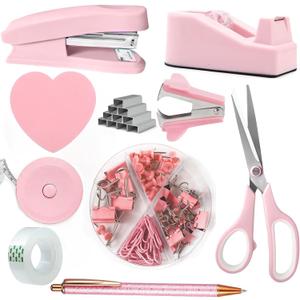 Pink Office Supplies, Pink Desk Accessories Set Stapler, Tape Dispenser, Scissors, Sticky Notes, Pen, Tape Measure, Office Clips,Staples Rmover, 1000pcs Staples, Gift for Women Students Teacher