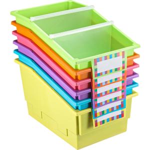 Lineshading 6 Pack Picture Book Organizer Bins with Dividers Large Plastic Book Holders with Labels Multi Purpose Classroom Organization Bins Storage Container for Classroom Library (Multicolor)