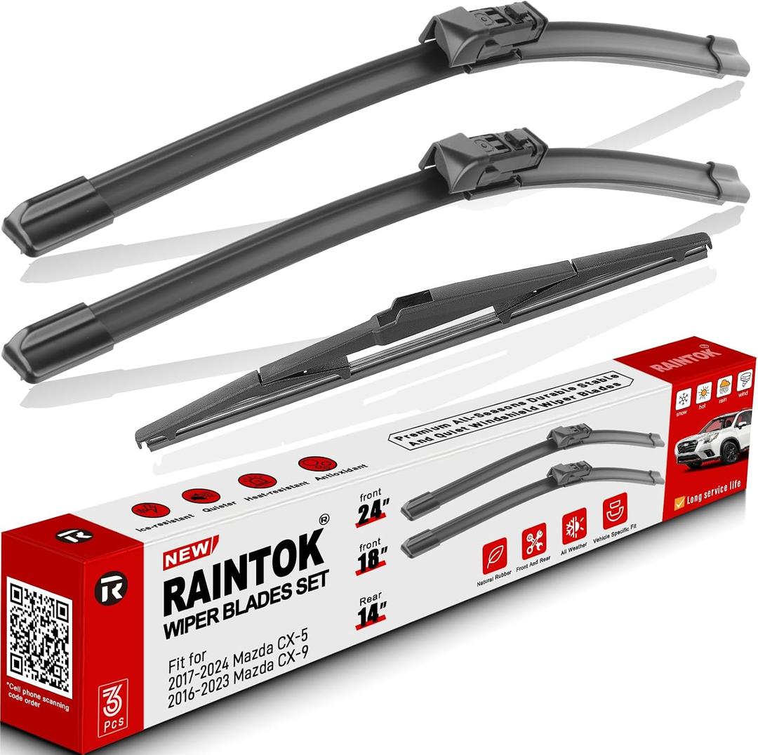 Windshield Wiper Blades Replacement for Mazda CX-5 CX-9 2017 2018 2019 2020 2021 2022-2024 CX5 CX9 Original Factory Quality Front Rear Wipers Blade Set for My Car - 24" 18" 14" (Pack of 3)