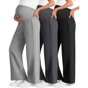 3 Pack Women's Maternity Lounge Pants Wide Leg Over The Belly Pregnancy Pajama Pants Loose Casual Trousers, XL