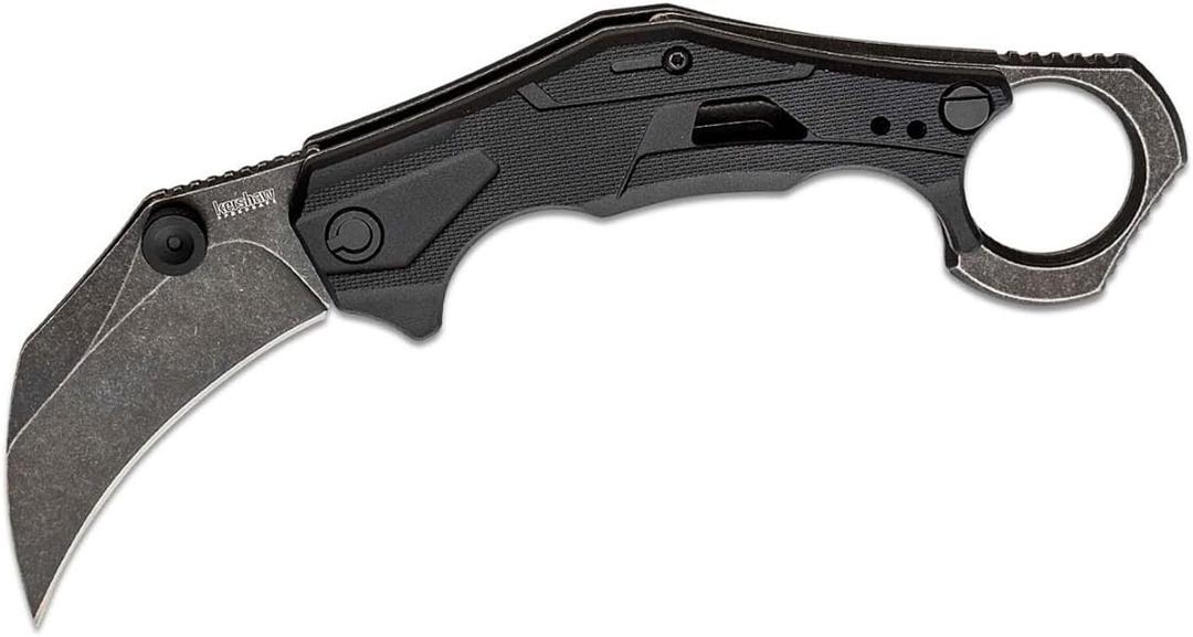 Kershaw Outlier, Tactical Karambit Style Folding Pocket Knife with Assisted Opening, Reverse Grip, Blackwash Finish on Black Handle, Liner Lock, 2.6 inch Blade with Deep Carry Pocketclip