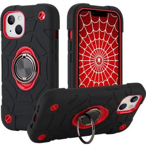 for iPhone 14 Case/iPhone 13 Case, with Kickstand (not Compatible with Plus Sized Models),Shockproof Hybrid Hard PC Soft Rubber Case for iPhone 14/13 6.1 inch (Black+Red)