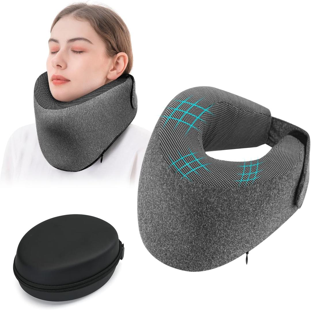 Patented Chin Support Travel Pillow for SleepingInnovative Travel Neck Pillows for Airplanes, 100% Pure Memory Foam Airplane Pillow for Long Flight - Dark Grey