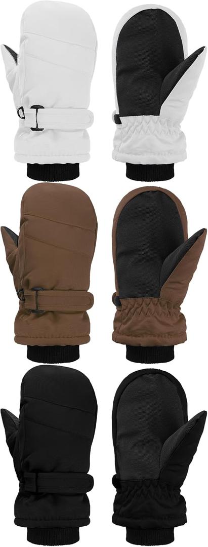 SATINIOR 3 Pairs Kids Snow Mittens Waterproof Winter Ski Gloves Warm Thicken Snow Gloves for Girls Boys (3-5 Years, White, Coffee, Black)