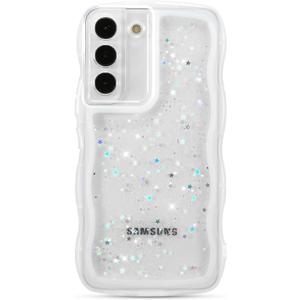 ZTOFERA for Samsung Galaxy S22 Plus 5G Case 6.6",Cute Curly Wave Case with Star Glitter,Clear Shiny Bling Soft TPU Shockproof Phone Protective Cover for Women Girls-White