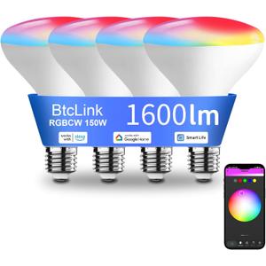Smart Light Bulbs, 1600 Lumens Dimmable BR30 Bulbs, RGBWW Color Light Bulb, Flood Light Bulbs Compatible with Alexa, Google Assistant, WiFi & Bluetooth LED Bulbs, Music Sync,16W 4 Pack
