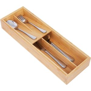 Bamboo Silverware Drawer Organizer, Kitchen Utensil Tray Holder Organizer, Drawer Storage Organization for Flatware, Cutlery, Spoon, Forks and Knives 4 Slots