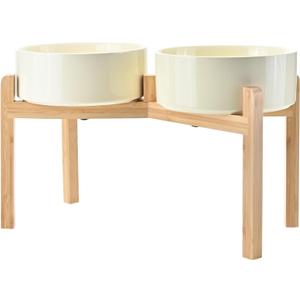 SPUNKYJUNKY Elevated Dog Bowls Ceramic, 8.3'' Dogs Food Water Bowls Raised with Non-Slip Bamboo Stand for Large Sized Breed Microwave Dishwasher Safe - 60 OZ, Beige