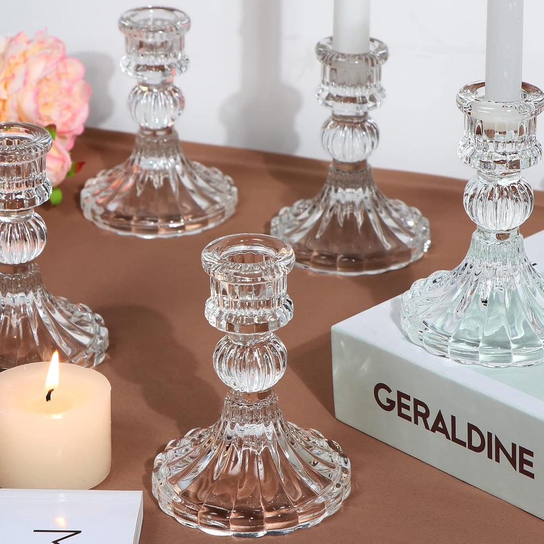 Candlestick Holders Set, 4" H Taper Candle Holders Bulk, 12Pcs Glass Candle Holders for Wedding, Festival, Party & Windowsill Decor (Clear)