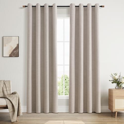 Light Khaki Linen Full Blackout Curtains 84 Inches Long, Grommet Thermal Insulated Black Out Room Darkening Window Textured Drapes for Bedroom Living Room Nursery,2 Panels Set, 52 x 84 Inch