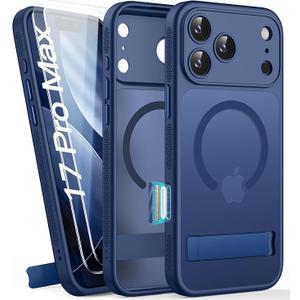 BXYJY for iPhone 17 Pro Max Magnetic Case with Stand, 2 Glass Screen Protectors, Lens Protection, Compatible with MagSafe, Camera Control, Military Grade, Translucent Case for iPhone 17 Pro Max, Blue