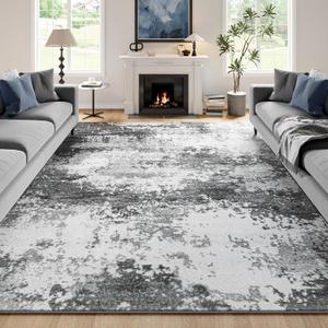 Washable Rug 8x10 Area Rugs for Living Room Bedroom Carpet, Grey Indoor Vintage Abstract Boho Large Rug Non Slip Faux Wool Rugs for Dorm, Dining Room Table, Nursery, Kids Playroom, Gray