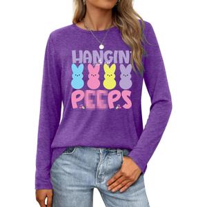 Women Easter Day Shirts: Bunny Printed Long Sleeve Pullover Cute Rabbit Shirt Tops Happy Easter Casual Spring Tops (Purple, S)
