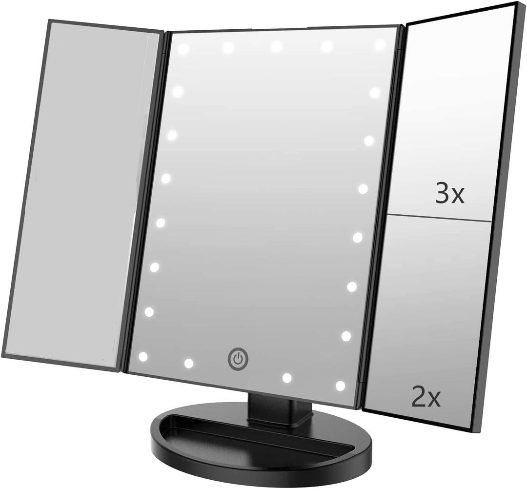 Flymiro Tri-fold Lighted Vanity Makeup Mirror with 3x/ 2x Magnification, 21 LEDs Light and Touch Screen, 180 Degree Free Rotation Countertop Cosmetic Mirror, Travel (Black)