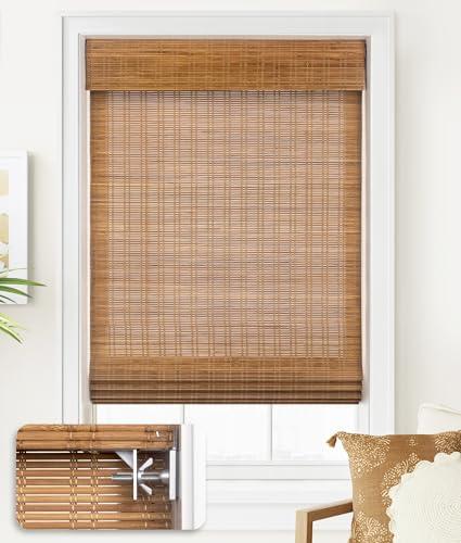 LazBlinds No Tools No Drill Cordless Bamboo Roman Shades, Light Filtering Window Treatment, Roll Up Bamboo Blinds for Window 27'' W x 64'' H, Ceylon Light Russet