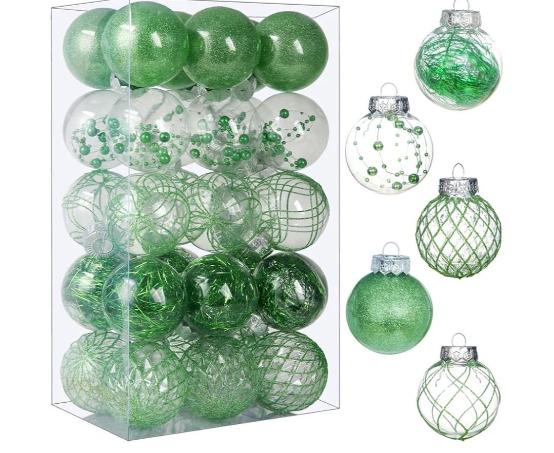 Clear Christmas Ball Ornaments, 30ct Shatterproof Xmas Ball Decorations 2.36 Inch Green Christmas Decorations for Xmas Tree Hanging Decorative Pet Baubles Set for Christmas Party