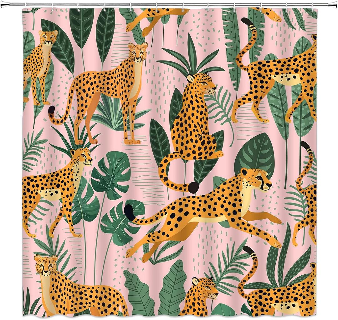 Leopard Palm Leaves Shower Curtain Cheetah Tropical Jungle Animal Wildlife Tiger Big Cat Boho Aesthetic Minimalist Modern Art Fabric Bathroom Decor Curtains with Hooks,Pink Yellow Green (70"W x 70"L (Pack of 1))