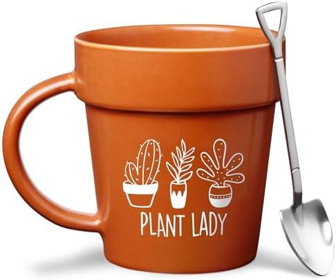 VELENTI Plant Pot Mug - Plant Lover Mug with Metallic Shovel Ornament - Fancy Gifts for Women, Men - Birthday Gift for Women - Cute Gifts for Mother's Day, Christmas