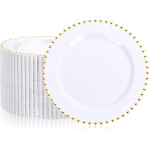 supernal 100 Pieces White and Gold Plastic Plates, 10 Inch Elegant Disposable Plates, Heavy Duty Plastic Dinner Plates for Party, Wedding and Birthday