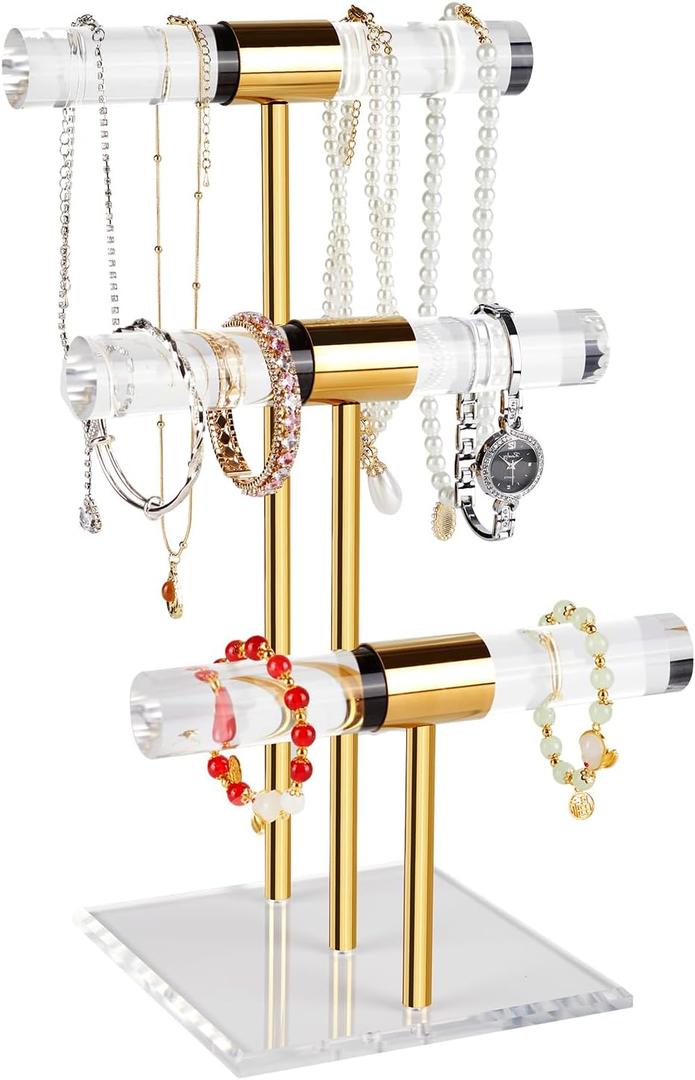 3-Tier Necklace Holder Bracelet Holder, Gold Acrylic Jewelry Display Stand Crystal T Bar Jewelry Organizer Gift for Women