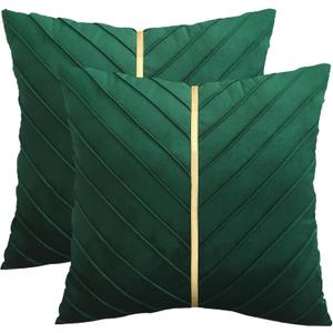 Green Velvet Throw Pillow Covers 26 x 26 Pack of 2 with Gold Leather Forest Green Decorative Couch Pillowcase Luxury Modern Soft Pillow Cover Spring Summer Home Decor for Sofa Bed Living Room
