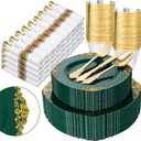 Nervure 350PCS Green Plastic Plates - Green Gold Plastic Dinnerware Sets for 50 Guests - 100 Disposable Plates, 150 Gold Silverware, 50 Cups, 50 Napkins Perfect for Wedding & Party