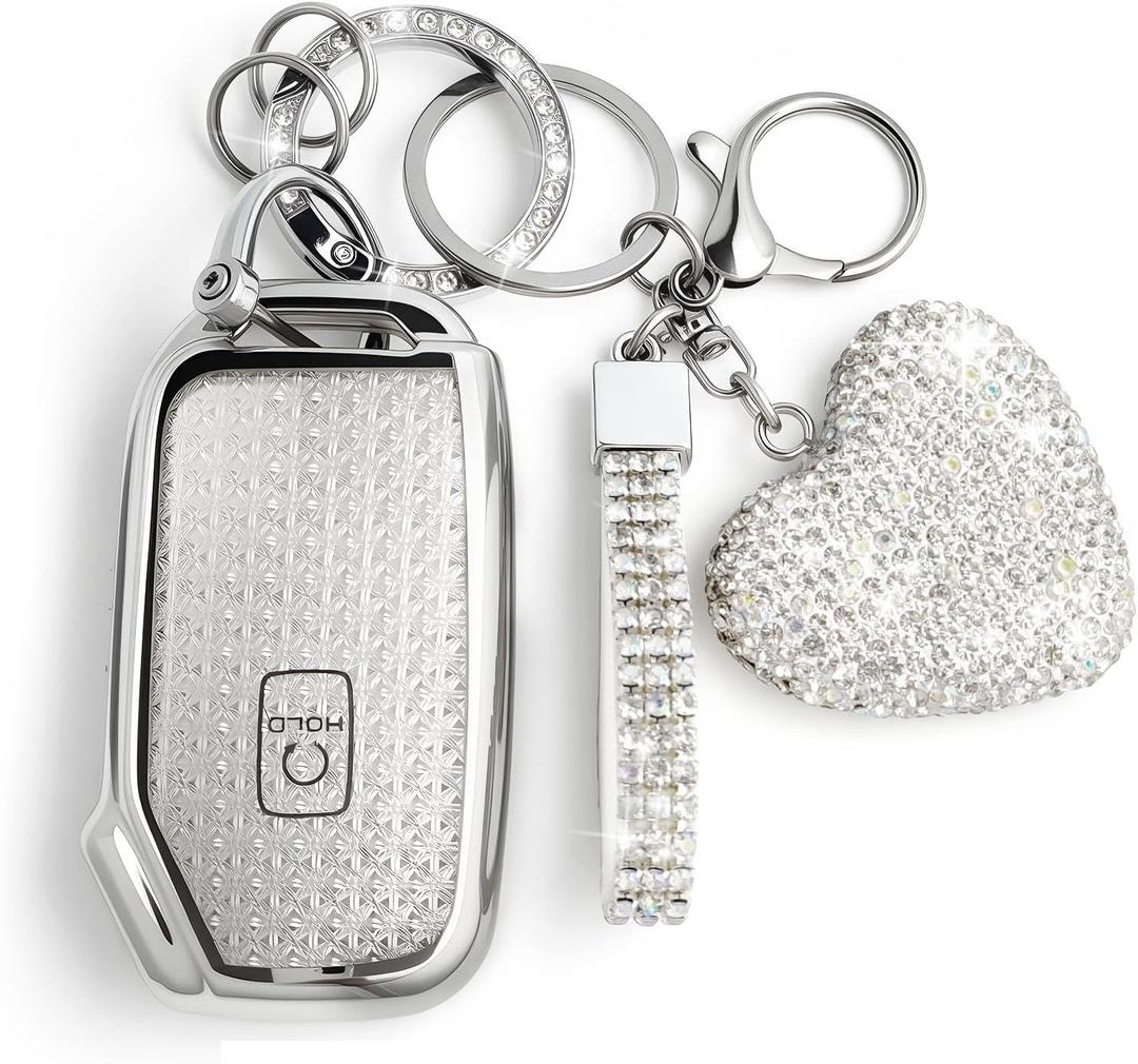 Key Fob Cover with Diamond, Compatible with Kia Cerato Ceed Forte NIRO Sorento Seltos Sportage Soul Telluride, Sparkling TPU Key Case and Elegant Heart Decoration for Women (Silver)