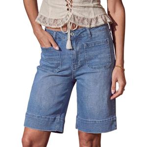 luvamia Bermuda Shorts for Women High Waisted Trendy Patch Pocket Casual Vintage Long Stretchy Denim Shorts Summer Jorts, L