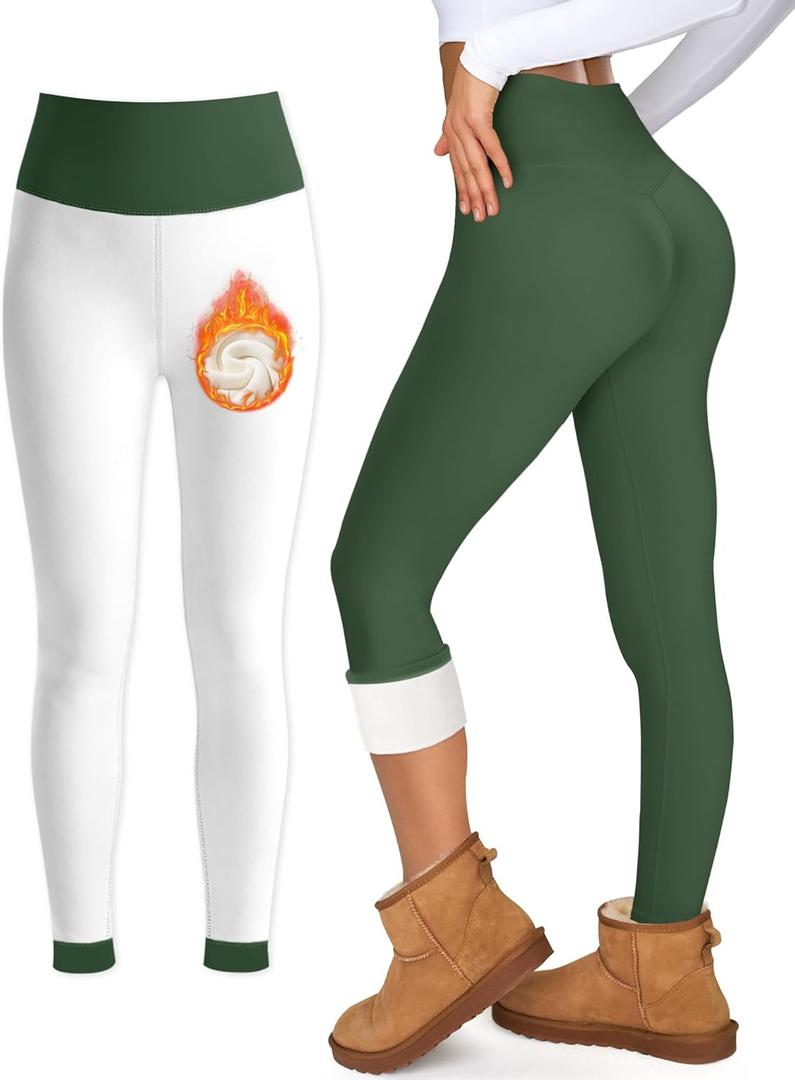 Blue Breath Fleece Lined Leggings Women-Tummy Control High Waisted Workout Thermal Warm Soft Yoga Pants (Green, L)
