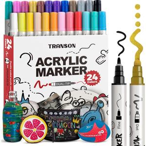 TRANSON 24 Color Bold and Fine Dual-tip Acrylic Paint Pen Set for Canvas Rock Wood Leather Ceramic DIY Painting
