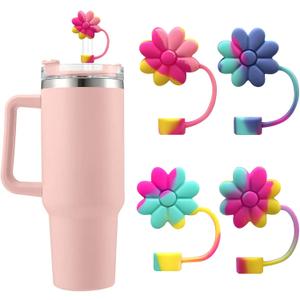 Flower Straw Covers Toppers Silicone Accessories for Stanley Cups 30&40 Oz Tumbler with Handle Reusable Colorful Straw Caps Tips for Stanley 0.4in Straws Dust-Proof Straw Lids(4 Pcs)