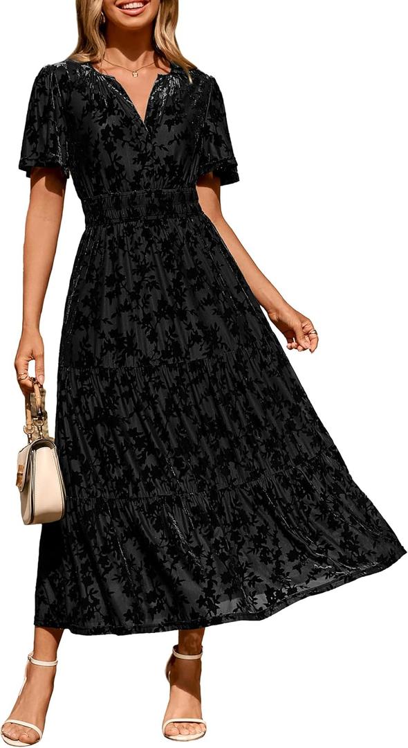Amegoya Women's Short Sleeve V Neck Formal Wedding Guest Maxi Dresses Spring Fall Evening Party Long Dresses (Burnout-black)