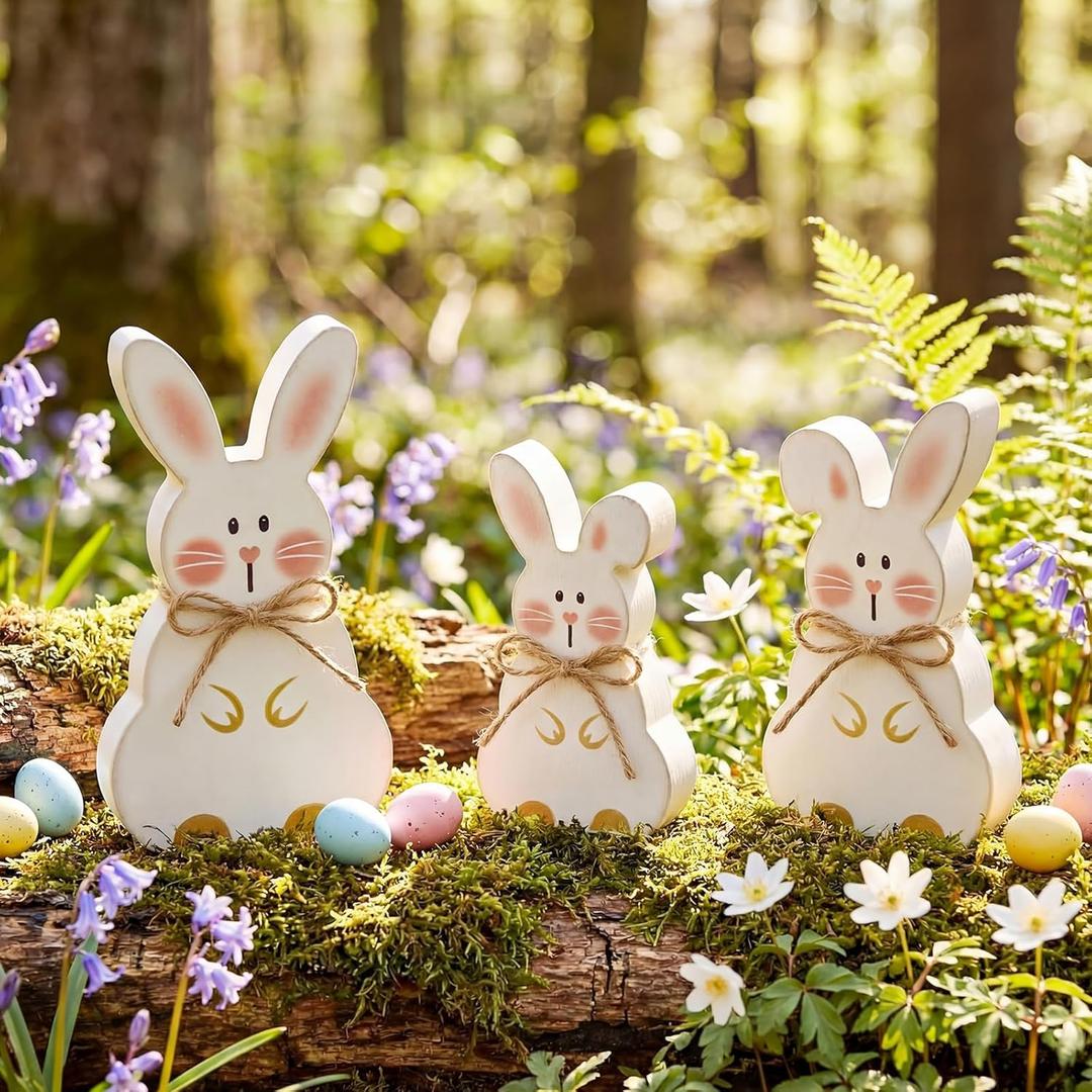 3 Pcs Easter Bunny Wooden Table Decor, Jute Twine Bow Easter Rabbit Tiered Tray Sign Decorations for Home Office Dining Room Tabletop or Party Supplies